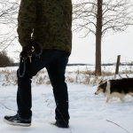 A dog and owner walking in the snow