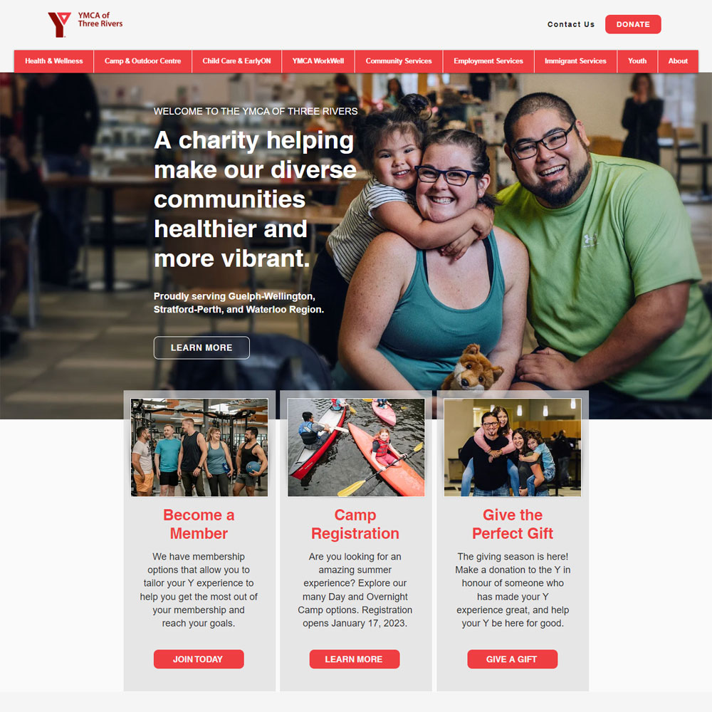 Screenshot of the YMCA of Three Rivers  homepage